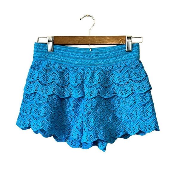 Crochet Ruffle Layered Shorts, Bright Blue, Beach, Resort, Summer - Picture 1 of 5